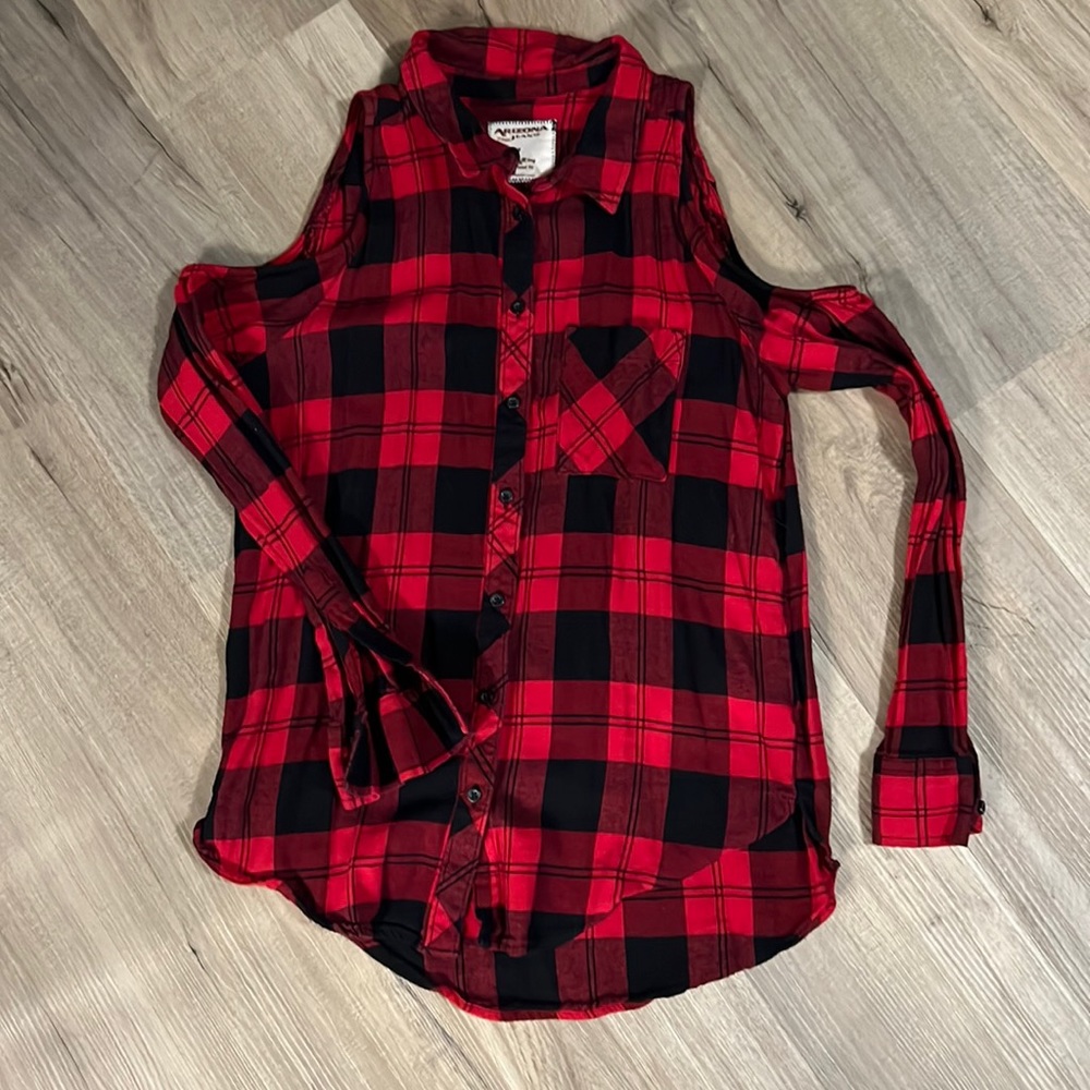 Buffalo Plaid Cold Shoulder Button Up